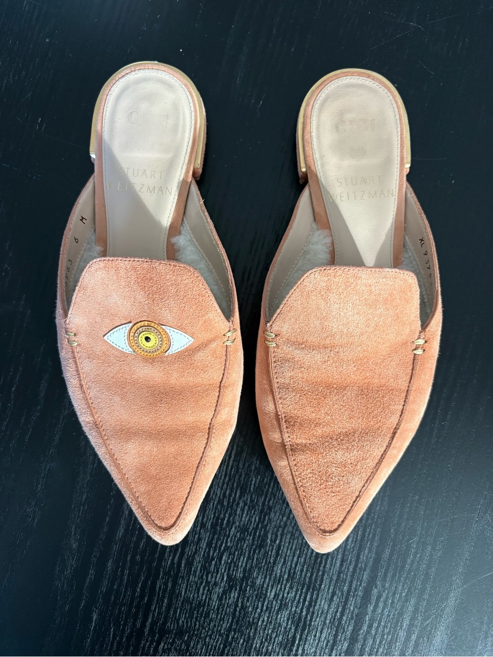 Stuart Weitzman x Gigi Peach Suede Pointed-Toe Slip-On Mules with Eye Detail